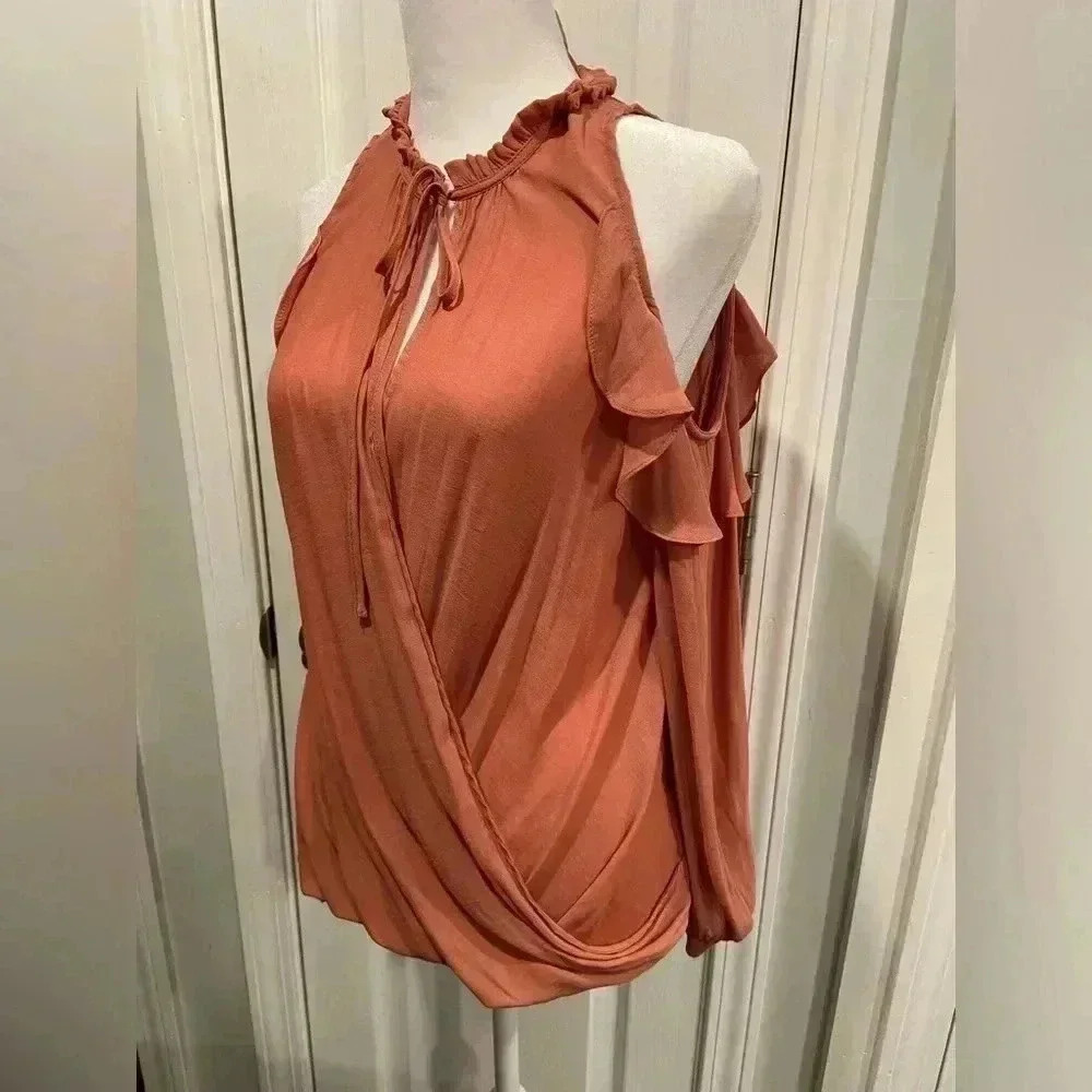 Anthropologie Maeve Liesel Blouse Cold Shoulder Ruffle Top Long Sleeve Rose XS